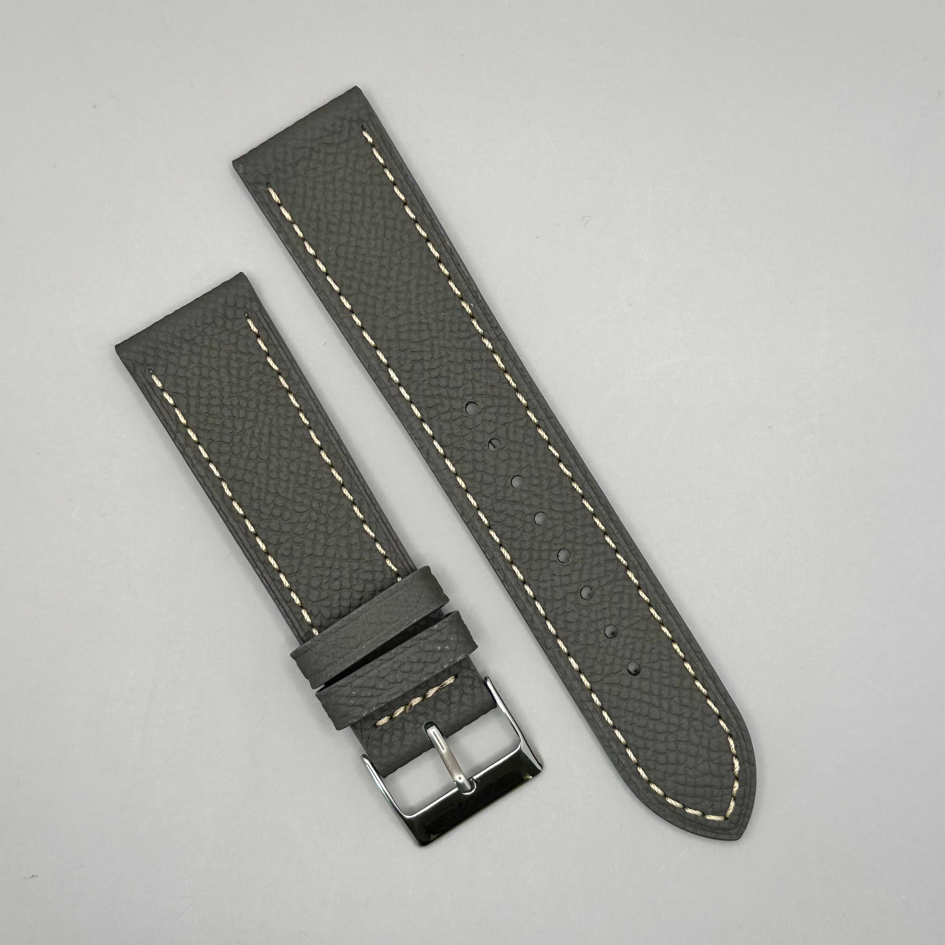 Grey Leather strap w. White Stitching, 22mm